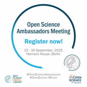 blue circle with an announcement for the Open Science Ambassadors Meeting 2025. Registration now open. 15-16, September 2025, Harnack House Berlin.